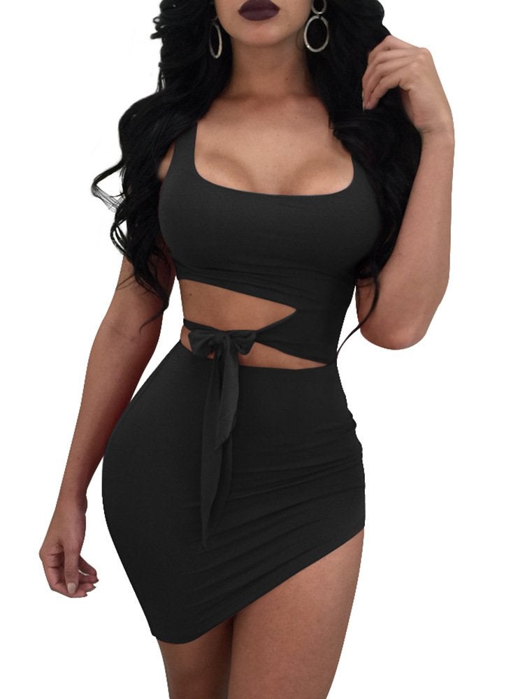 GOBLES Womens Sexy Bodycon Cut Out Sleeveless Outfit Mini Club Tank Dress Black - Image 1